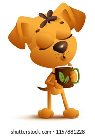 Yellow funny dog holds mug and drinks black hot tea. Isolated on white vector cartoon illustration