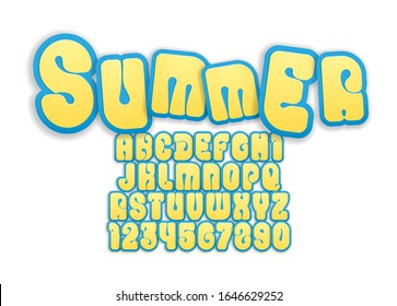 Gelbe, lustige Schriftart, helles, feines Alphabet im Cartoon-Stil, spielerische, abgerundete Buchstaben von A bis Z und Zahlen von 0 bis 9 für Ihre Designs: Logo, T-Shirt, Kinderkarte, Poster, Vektorillustration Illustration 10EPS