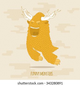 Yellow funny monster with horns. Vector illustration.