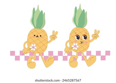 Yellow Funny Yummy Vector pineapple. Retro Cartoon Character pineapple Set. Vector flat pineapple in Trendy Groovy Style. Groovy fruit characters