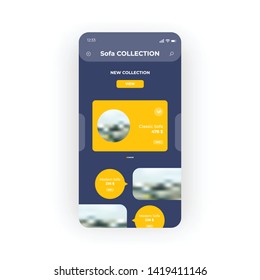 Yellow Furniture Collection Store UI, UX, GUI screen for mobile apps design. Modern responsive user interface design of mobile applications including Furniture Showroom screen