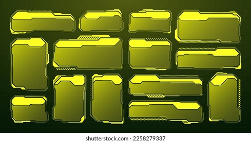 Yellow futuristic HUD, UI elements. Sci-fi user interface text boxes, callouts. Warning message frames, information boxes template. Modern game interface layout in digital style. Vector illustration - Shutterstock ID 2258279337