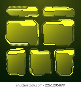 HUD futurista amarillo, elementos UI. Cuadros de texto de la interfaz de usuario de Sci-fi, llamadas. Marcos de mensajes de advertencia, plantilla de cuadros de información. Diseño moderno de interfaz de juego en estilo digital. Ilustración del vector