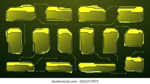 Yellow futuristic HUD, UI elements. Sci-fi user interface text boxes, callouts. Warning message frames, information boxes template. Modern game interface layout in digital style. Vector illustration