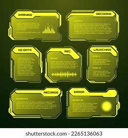 Yellow futuristic HUD, UI elements. Sci-fi user interface text boxes, callouts. Warning message frames, information boxes template. Modern game interface layout in digital style. Vector illustration