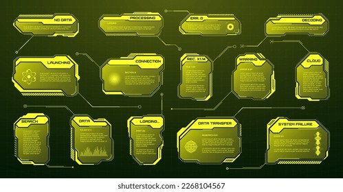 Yellow futuristic HUD, UI elements. Sci-fi user interface text boxes, callouts. Warning message frames, information boxes template. Modern game interface layout in digital style. Vector illustration