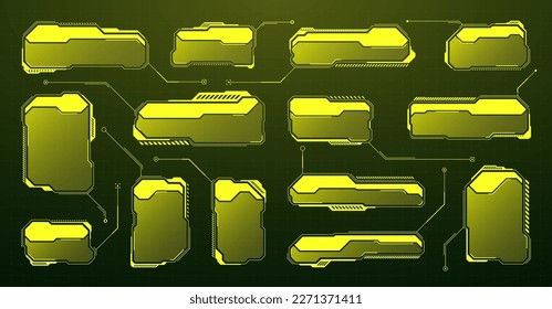 Yellow futuristic HUD, UI elements. Sci-fi user interface text boxes, callouts. Warning message frames, information boxes template. Modern game interface layout in digital style. Vector illustration