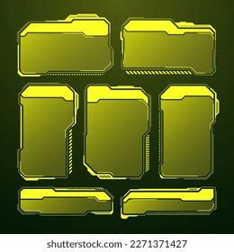 Yellow futuristic HUD, UI elements. Sci-fi user interface text boxes, callouts. Warning message frames, information boxes template. Modern game interface layout in digital style. Vector illustration
