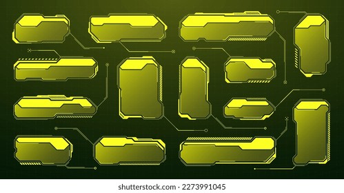 Yellow futuristic HUD, UI elements. Sci-fi user interface text boxes, callouts. Warning message frames, information boxes template. Modern game interface layout in digital style. Vector illustration