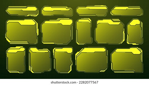 HUD futurista amarillo, elementos UI. Cuadros de texto de la interfaz de usuario de Sci-fi, llamadas. Marcos de mensajes de advertencia, plantilla de cuadros de información. Diseño moderno de interfaz de juego en estilo digital. Ilustración del vector