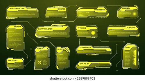 Yellow futuristic HUD, UI elements. Sci-fi user interface text boxes, callouts. Warning message frames, information boxes template. Modern game interface layout in digital style. Vector illustration