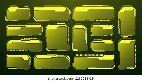 Yellow futuristic HUD, UI elements. Sci-fi user interface text boxes, callouts. Warning message frames, information boxes template. Modern game interface layout in digital style. Vector illustration