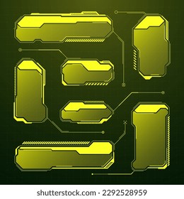 HUD futurista amarillo, elementos UI. Cuadros de texto de la interfaz de usuario de Sci-fi, llamadas. Marcos de mensajes de advertencia, plantilla de cuadros de información. Diseño moderno de interfaz de juego en estilo digital. Ilustración del vector