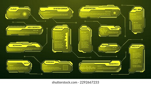 Yellow futuristic HUD, UI elements. Sci-fi user interface text boxes, callouts. Warning message frames, information boxes template. Modern game interface layout in digital style. Vector illustration