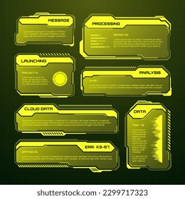 HUD futurista amarillo, elementos UI. Cuadros de texto de la interfaz de usuario de Sci-fi, llamadas. Marcos de mensajes de advertencia, plantilla de cuadros de información. Diseño moderno de interfaz de juego en estilo digital. Ilustración del vector
