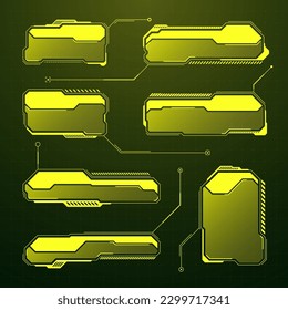 Yellow futuristic HUD, UI elements. Sci-fi user interface text boxes, callouts. Warning message frames, information boxes template. Modern game interface layout in digital style. Vector illustration
