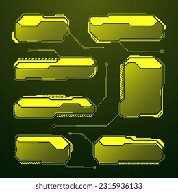 Yellow futuristic HUD, UI elements. Sci-fi user interface text boxes, callouts. Warning message frames, information boxes template. Modern game interface layout in digital style. Vector illustration
