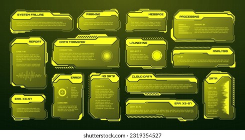 Yellow futuristic HUD, UI elements. Sci-fi user interface text boxes, callouts. Warning message frames, information boxes template. Modern game interface layout in digital style. Vector illustration