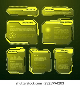 Yellow futuristic HUD, UI elements. Sci-fi user interface text boxes, callouts. Warning message frames, information boxes template. Modern game interface layout in digital style. Vector illustration
