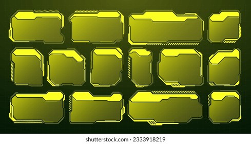 HUD futurista amarillo, elementos UI. Cuadros de texto de la interfaz de usuario de Sci-fi, llamadas. Marcos de mensajes de advertencia, plantilla de cuadros de información. Diseño moderno de interfaz de juego en estilo digital. Ilustración del vector