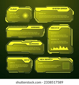 Yellow futuristic HUD, UI elements. Sci-fi user interface text boxes, callouts. Warning message frames, information boxes template. Modern game interface layout in digital style. Vector illustration