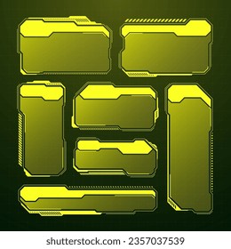 Yellow futuristic HUD, UI elements. Sci-fi user interface text boxes, callouts. Warning message frames, information boxes template. Modern game interface layout in digital style. Vector illustration