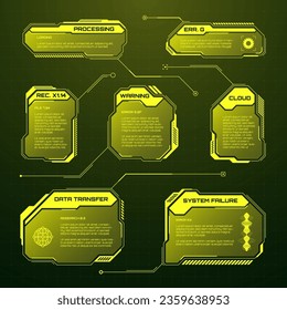 Yellow futuristic HUD, UI elements. Sci-fi user interface text boxes, callouts. Warning message frames, information boxes template. Modern game interface layout in digital style. Vector illustration