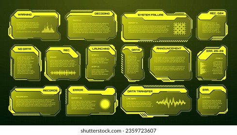 HUD futurista amarillo, elementos UI. Cuadros de texto de la interfaz de usuario de Sci-fi, llamadas. Marcos de mensajes de advertencia, plantilla de cuadros de información. Diseño moderno de interfaz de juego en estilo digital. Ilustración del vector