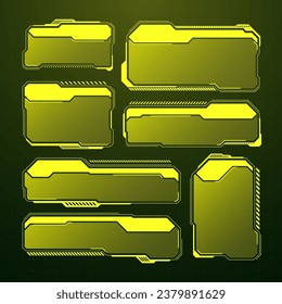 HUD futurista amarillo, elementos UI. Cuadros de texto de la interfaz de usuario de Sci-fi, llamadas. Marcos de mensajes de advertencia, plantilla de cuadros de información. Diseño moderno de interfaz de juego en estilo digital. Ilustración del vector