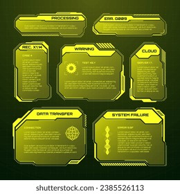 Yellow futuristic HUD, UI elements. Sci-fi user interface text boxes, callouts. Warning message frames, information boxes template. Modern game interface layout in digital style. Vector illustration