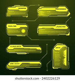Yellow futuristic HUD, UI elements. Sci-fi user interface text boxes, callouts. Warning message frames, information boxes template. Modern game interface layout in digital style. Vector illustration