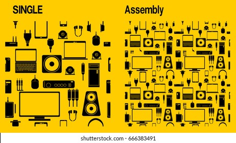 Yellow IT gadget icon seamless background. Left is single pattern. Right is 4 patterns assembly
