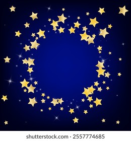Yellow Galaxy Stars Vector Blue Background. Luxury Confetti Border. Sparkle Illustration. Gold Graphic Rain Texture.
