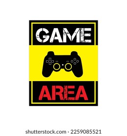 Yellow game area sign vector with black Play Station stick icon and red lettering