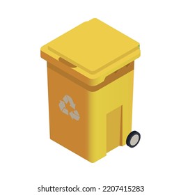 Yellow garbage bin with recycle symbol 3d isometric vector illustration