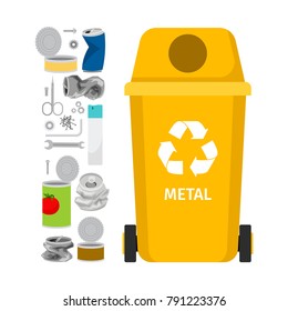 Yellow garbage can with metal garbage elements, vector illustration