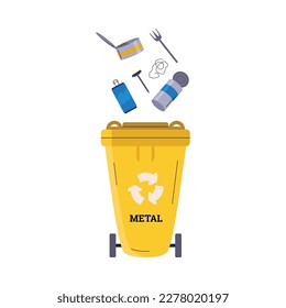Yellow garbage container for metal recycling, flat vector illustration isolated on white background. Waste bin for metal products. Concept of environment and trash separation.