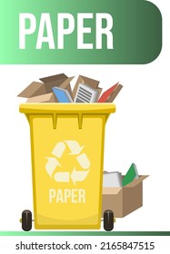 Yellow garbage container with separated paper waste. Waste management design template. Isolated on white background
