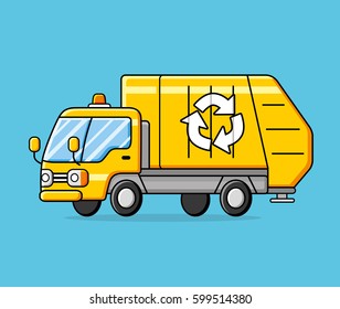 Yellow garbage recycling truck vector.