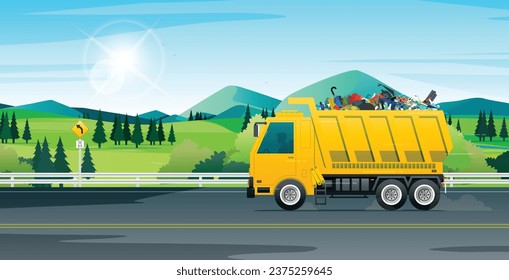 A yellow garbage truck is passing along the highway.