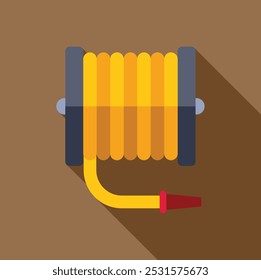 Yellow garden hose lying on brown background casting a long shadow, in a flat design style