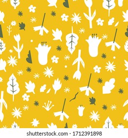 Yellow garden seamless vector pattern. Flat elements of retro vintage flowers and leaves.