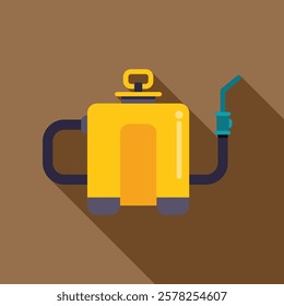 Yellow garden sprayer for pesticides and herbicides with a long shadow is standing on a brown background