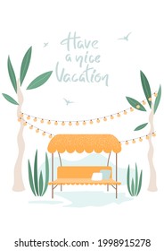 Yellow garden swings with pillows, palm trees, leaves, decorative garland with light bulbs. Beautiful landscape. Have a nice vacation hand written text. Tropical scenery. 