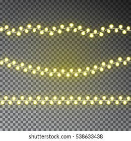 Yellow Garlands, Christmas string decorations. Christmas lights with isolated shine elements. Glowing lights for Xmas Holiday greeting decoration isolated. Vector illustration.