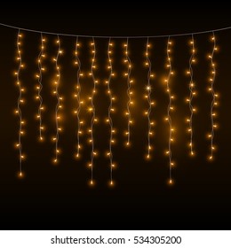 Yellow garlands on dark background, christmas lights, vector illustration