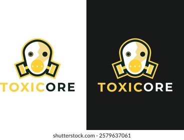 A yellow gas mask skull logo with Toxicore text on white and black backgrounds is a modern emblem design for branding and logos.