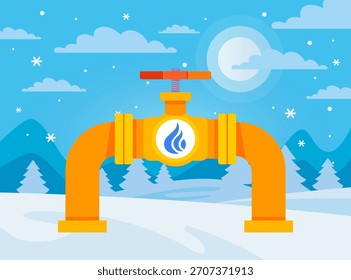 Tubo de gas amarillo sobre fondo de invierno. Ilustración plana.