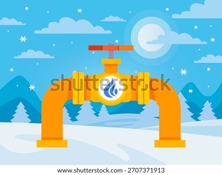 Yellow gas pipe on winter background. Flat illustration.
