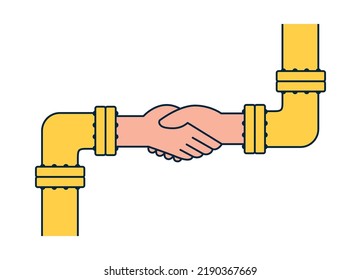 Yellow Gas Pipe. Gas Pipeline Pipe With A Change In The Trajectory Of Movement. Carrier Of Energy And Heat. Business Partnership. Joint Use Of The Gas Pipeline. Unity In Teamwork